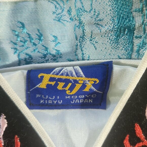 Vtg Fuji Japan Embroidered Kimono Jacket Robe Blue & Black floral cuff collar - Picture 6 of 9